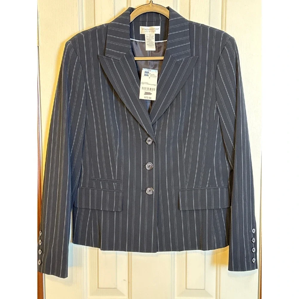 Worthington Pinstripe Blazer Double‎ Breasted Stretch Career Jacket Size 8